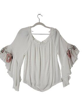 SoHo Jeans Off Shoulder Top Womens Sz L Flutter Sleeve Embroidered White